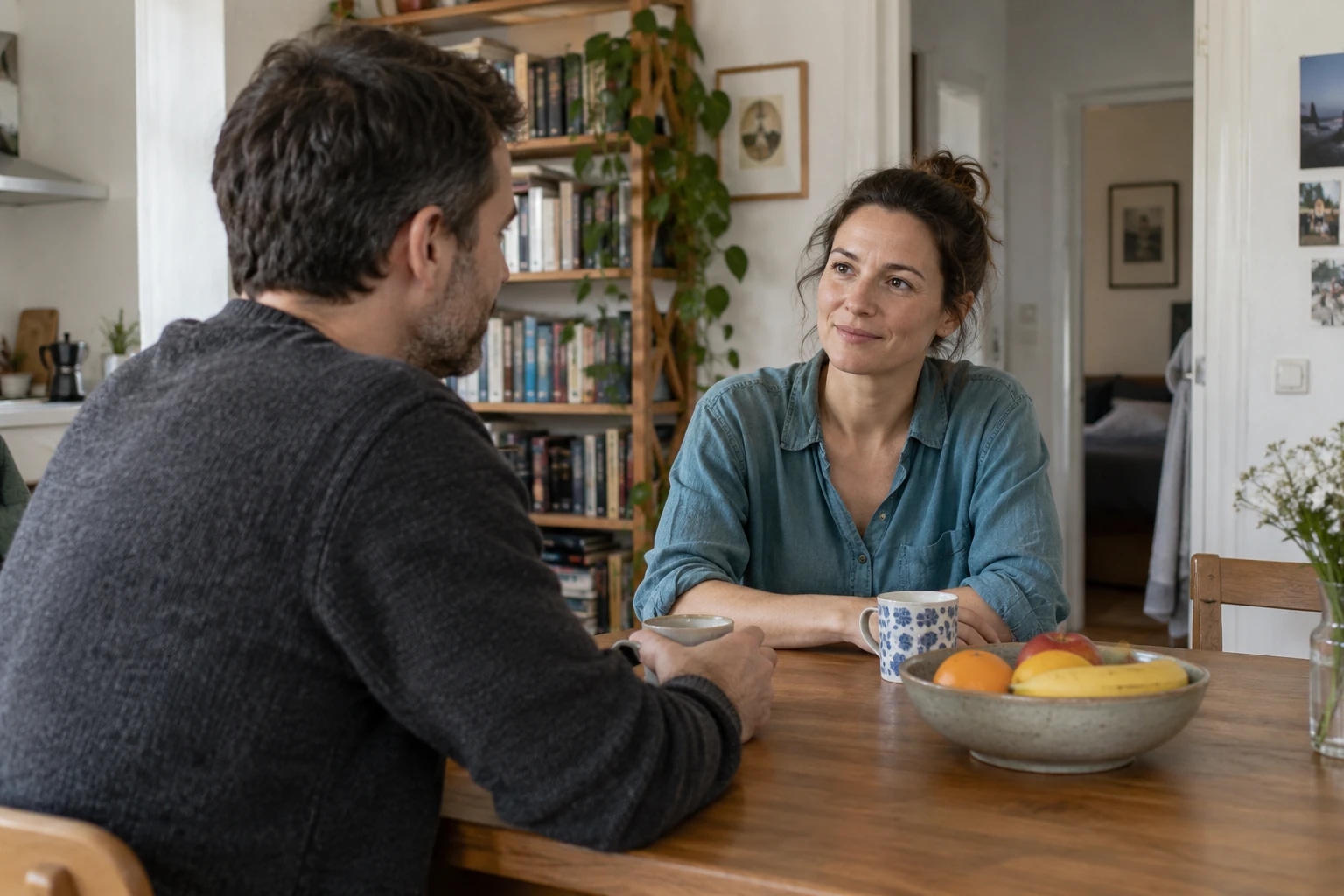 Deux adultes échangent autour d’une table dans un appartement.