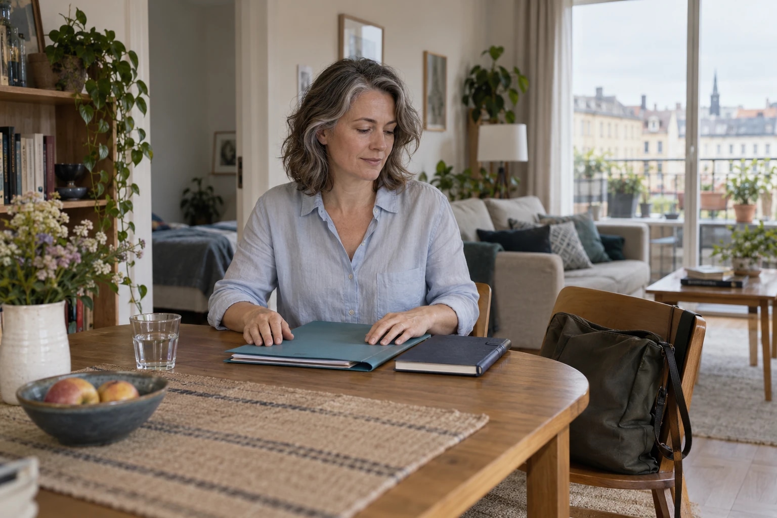 Une adulte prépare un dossier et un carnet avant un rendez-vous.