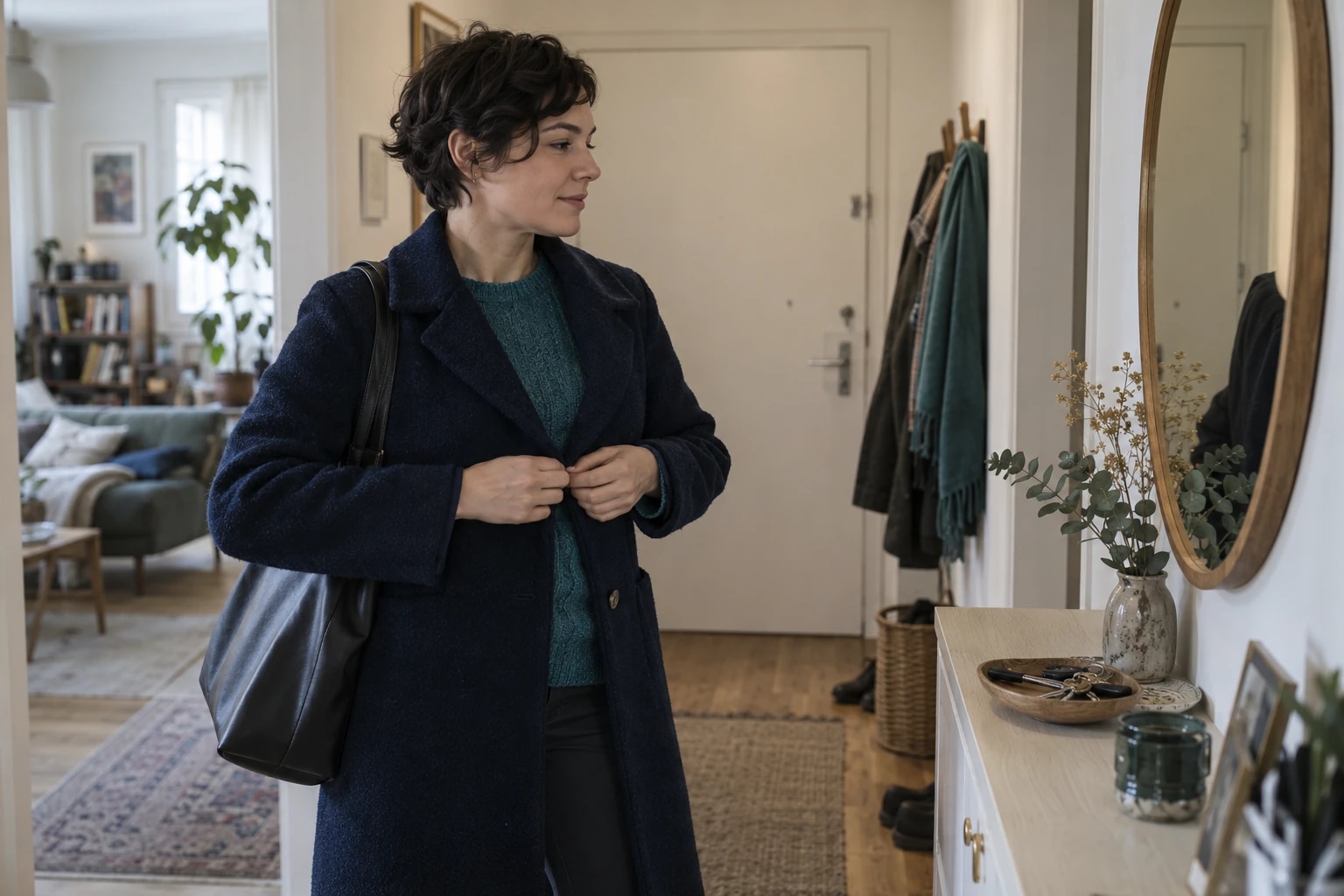 Une adulte ferme son manteau dans l’entrée avant de sortir.