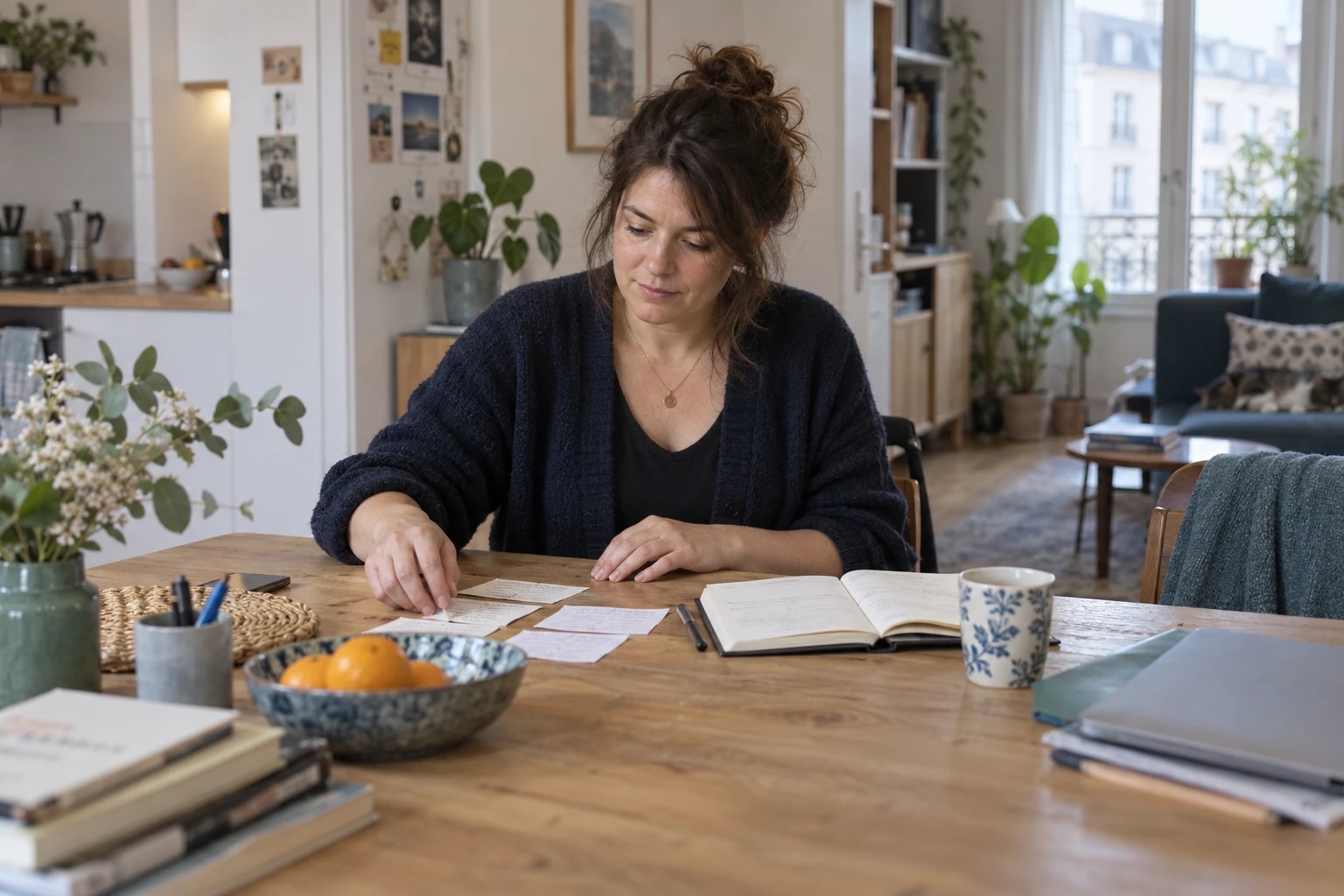 Une adulte organise ses notes à la table de sa cuisine.