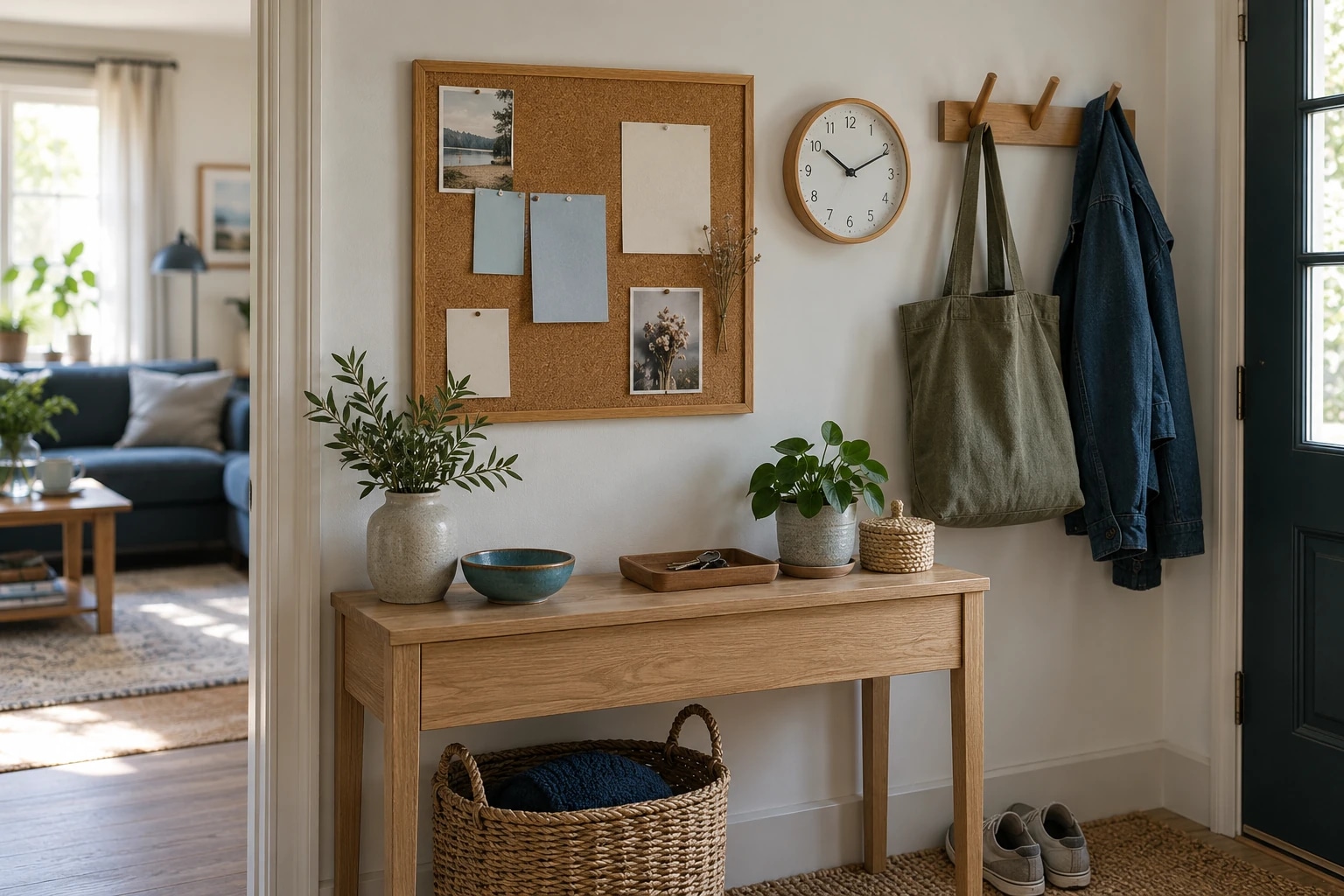 Un tableau de repères, une horloge et un vide-poches dans une entrée.