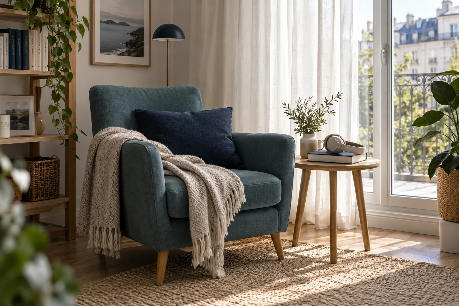Un fauteuil au calme, des rideaux légers et un casque posé sur une table.