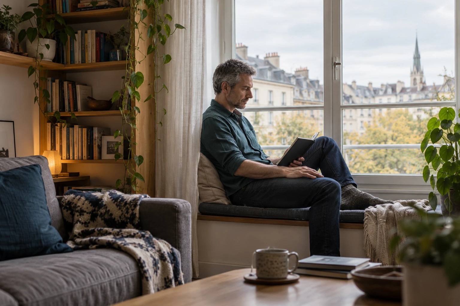 Un adulte consulte son carnet près d’une fenêtre.