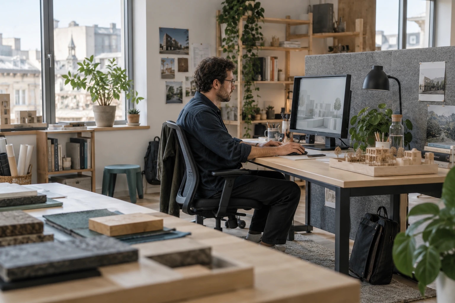 Un adulte travaille à son bureau dans un atelier d’architecture.